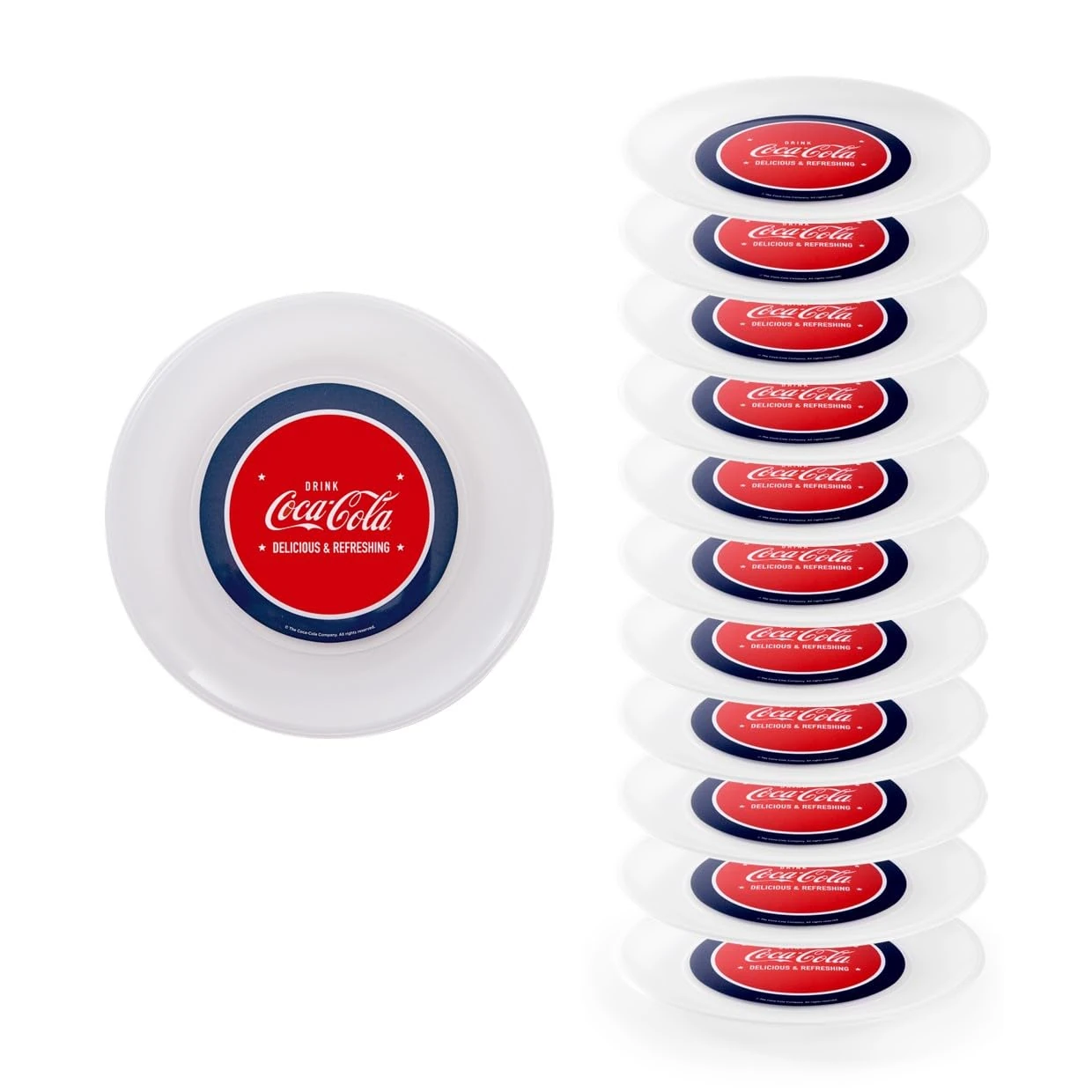 Coca-Cola Set of 12 Washable Hard Plastic Plates, Diameter 23.5 cm, Made in Italy, 0% Bpa