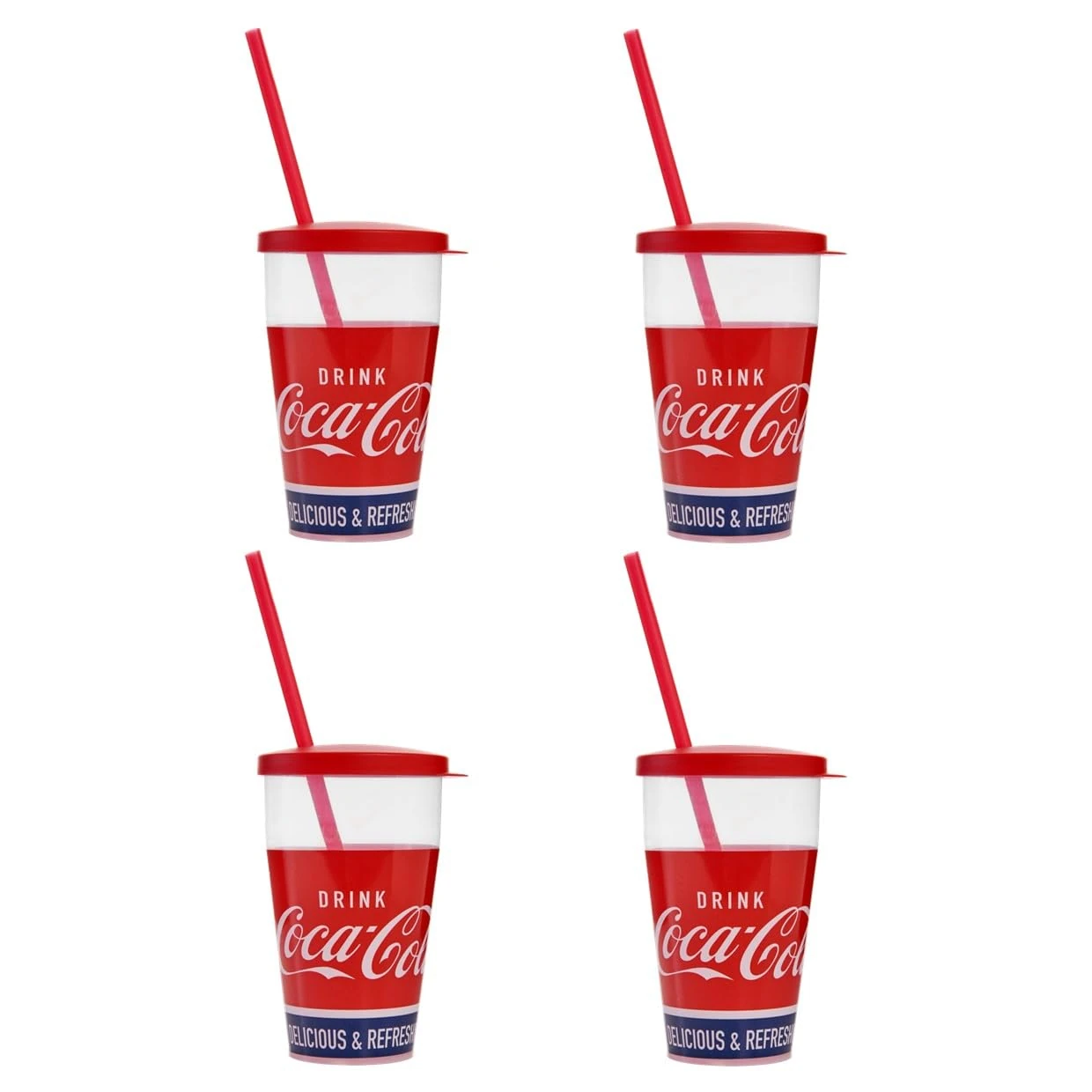 Snips, Coca-Cola Tumblers with Straw 0.5 L, Plastic Glasses Set 4 Pieces, Glasses with Straw and Lid Made in Italy 0% Bpa