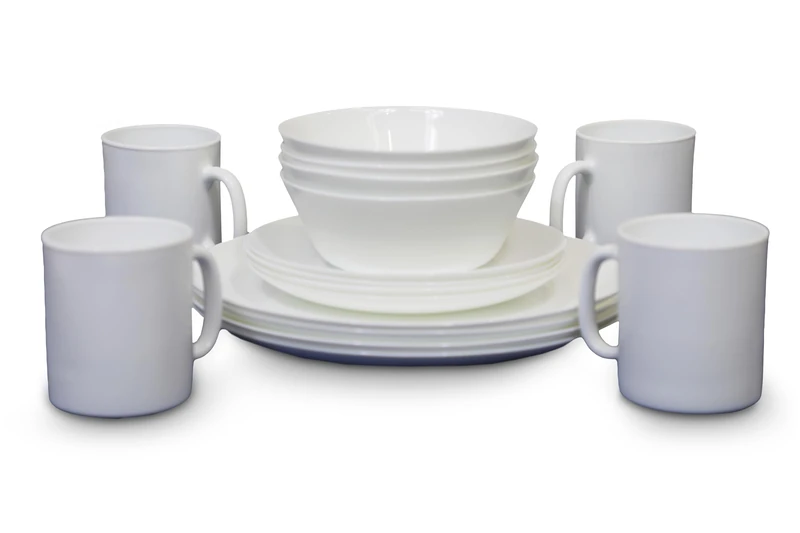 Vango Opal 16 Piece Dinnerware Tempered Glass Dining Set: 4 Dinner Plates, 4 Side Plates, 4 Bowls, 4 Mugs, Dishwasher & Microwave Safe