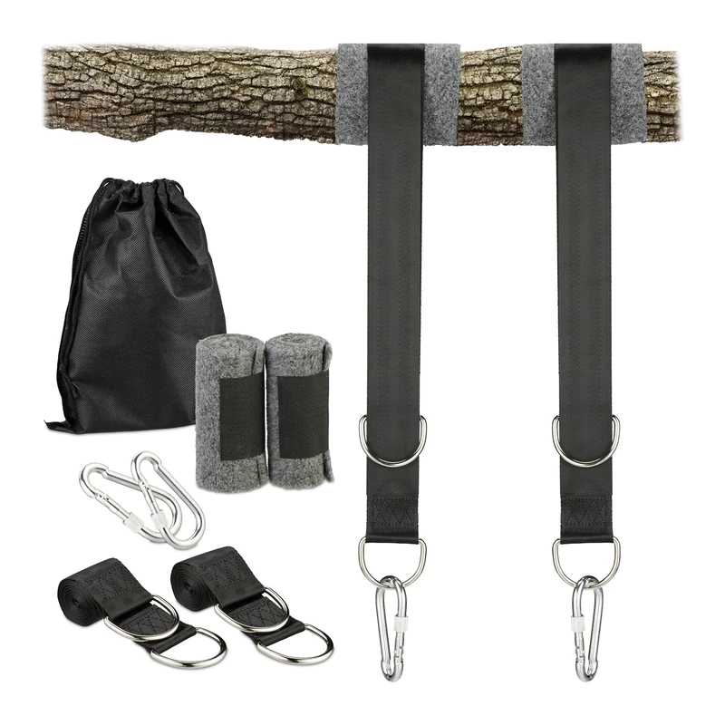 Relaxdays Hammock Suspension, 7-piece Set, 2 Straps, 2x Tree Protection, 2 Heavy-duty Carabiners, 900 kg, Black/Grey, Iron, 23 x 15 x 5 cm