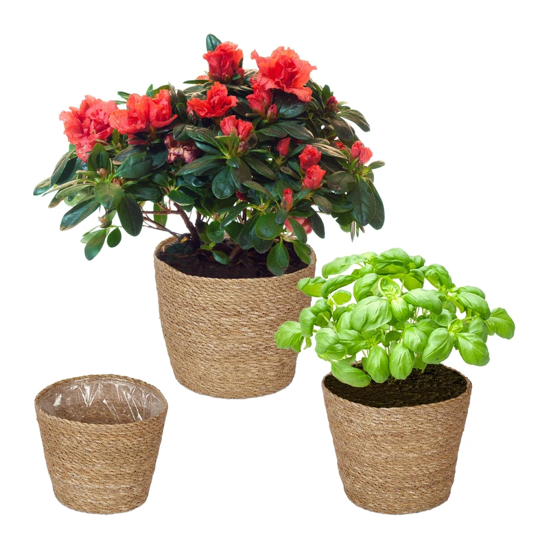 Relaxdays Set of 3 Flower Pot Seagrass in 3 Sizes, Round, for Plants & Herbs, Lined with Plastic Foil, Round, Natural