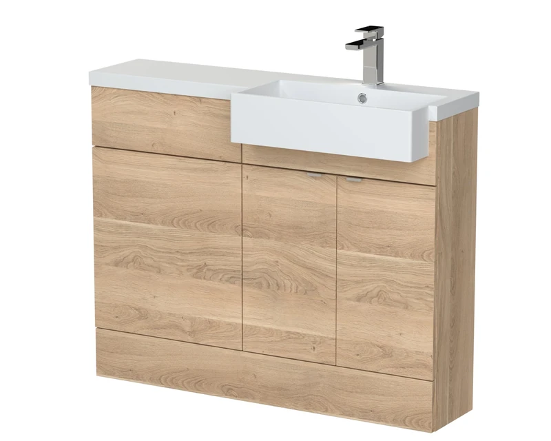 Hudson Reed CBI3051 Fusion Modern Bathroom Floor Standing Vanity Basin and WC Unit with Square Semi Recessed Basin - Right Hand, 1100mm, Bleached Oak