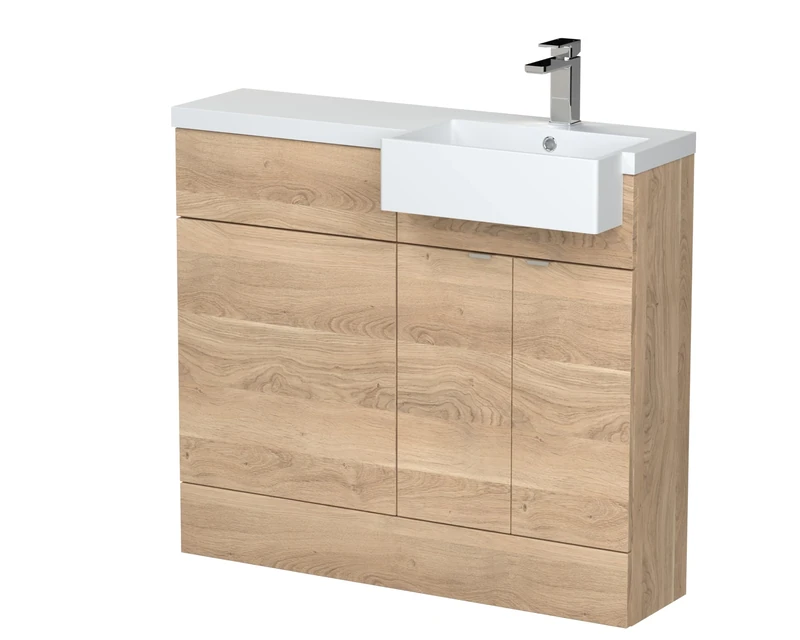 Hudson Reed CBI3049 Fusion Modern Bathroom Floor Standing Vanity Basin and WC Unit with Square Semi Recessed Basin - Right Hand, 1000mm, Bleached Oak