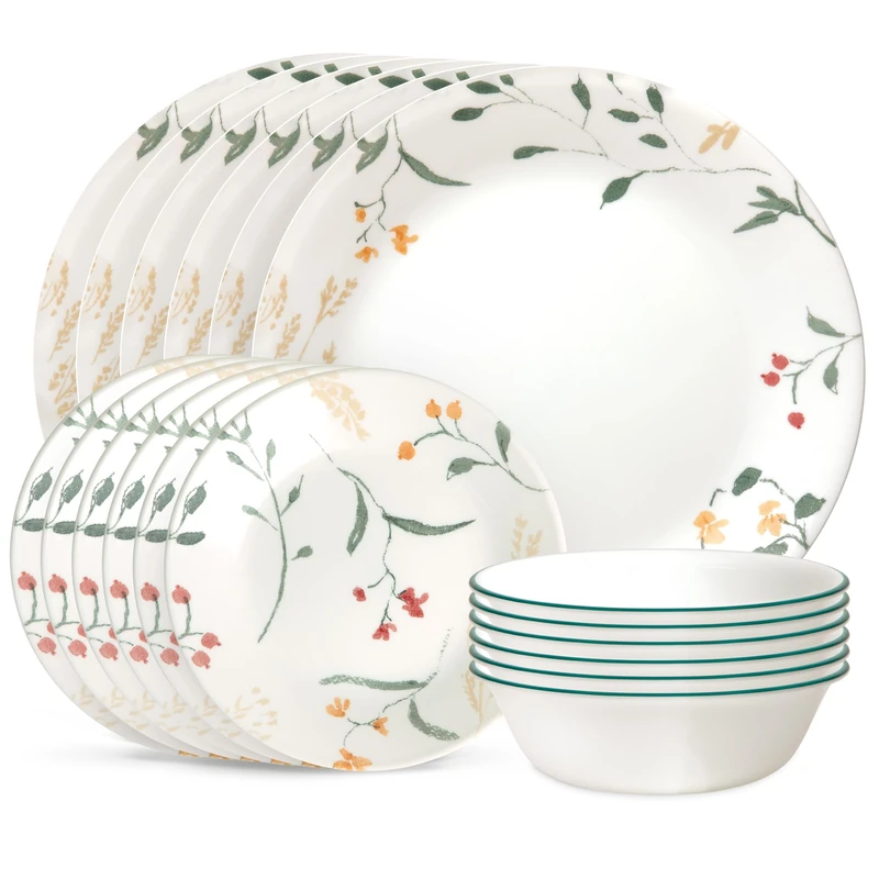 Corelle Vitrelle 18 Piece Glass Dinnerware Sets, Service for 6, Triple Layer Chip & Crack Resistant Glass Plate and Bowl Sets, Wildflower