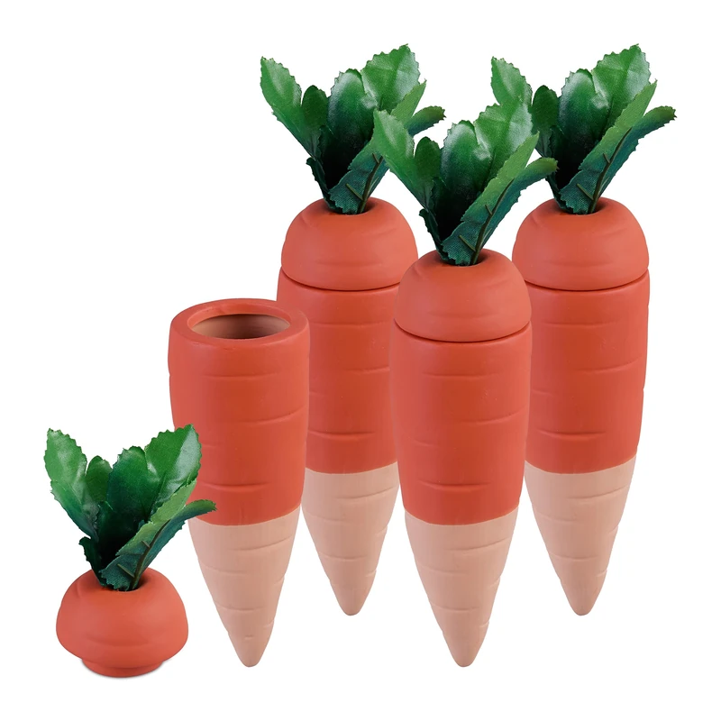Relaxdays 4x Clay Cone Watering, 100 ml each, Carrot Design, Irrigation Aid, Houseplants & Balcony Boxes, Multicoloured - Image 1