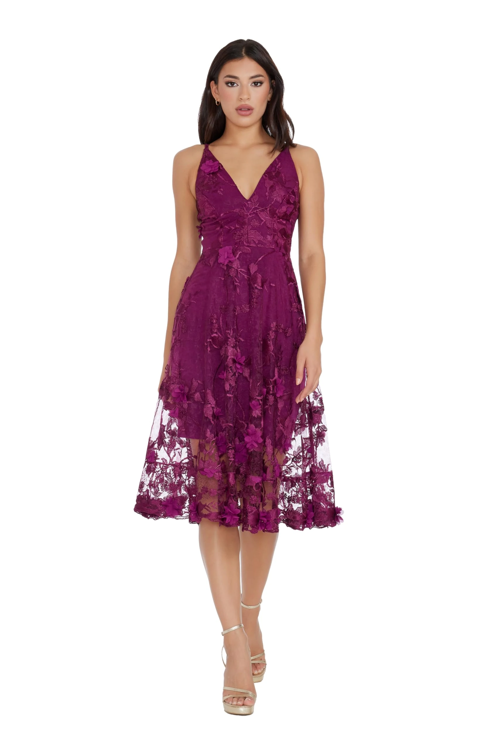 Dress the Population Women's Audrey Spaghetti Strap Midi A-line 3D Floral Dress Special Occasion, Dark Magenta, L