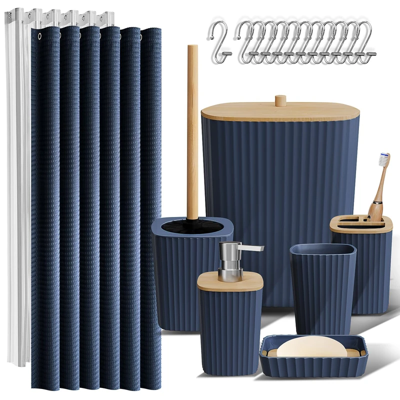 Clara Clark Bathroom Accessories Set - Bathroom Accessory Set with Shower Curtain Set, Toilet Brush, Trash Can & Soap Dispenser (Navy Blue, Complete Set)