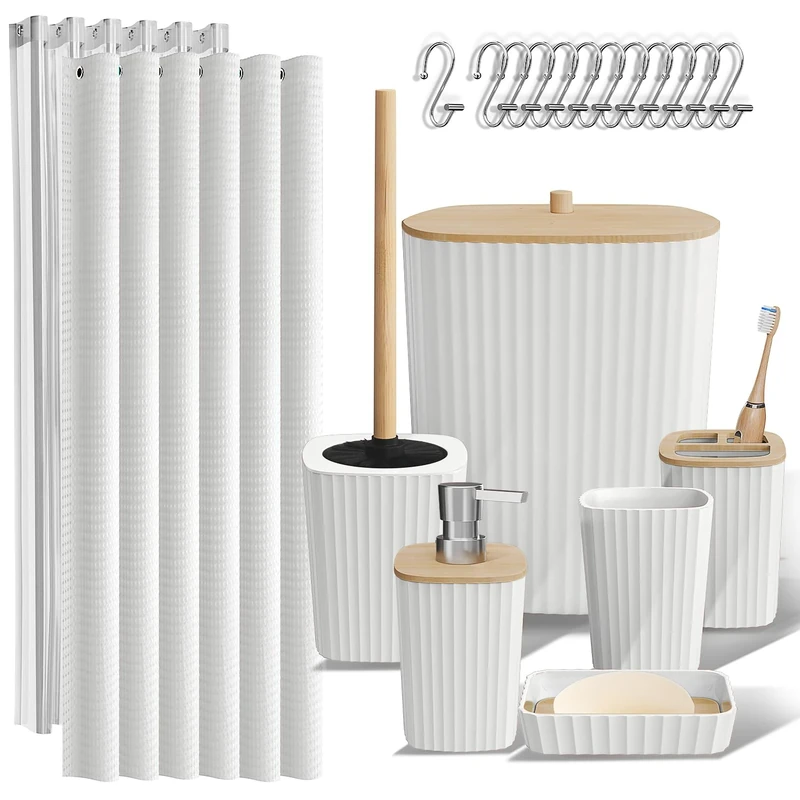 Clara Clark Bathroom Accessories Set - Bathroom Accessory Set with Shower Curtain Set, Toilet Brush, Trash Can & Soap Dispenser (White, Complete Set)