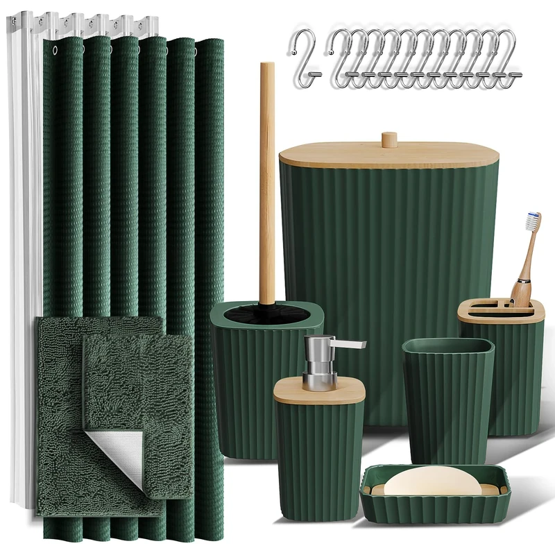 Clara Clark Bathroom Accessories Set - Bathroom Accessory Set with Shower Curtain Set, Toilet Brush, Trash Can & Soap Dispenser & Rugs (Hunter Green, Complete Set + Bath Rugs)