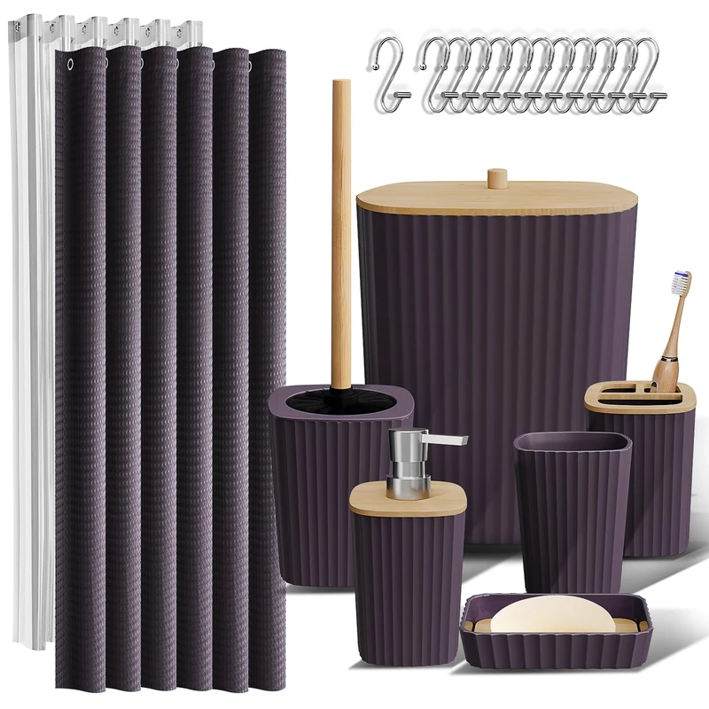 Clara Clark Bathroom Accessories Set - Bathroom Accessory Set with Shower Curtain Set, Toilet Brush, Trash Can & Soap Dispenser (Purple, Complete Set)
