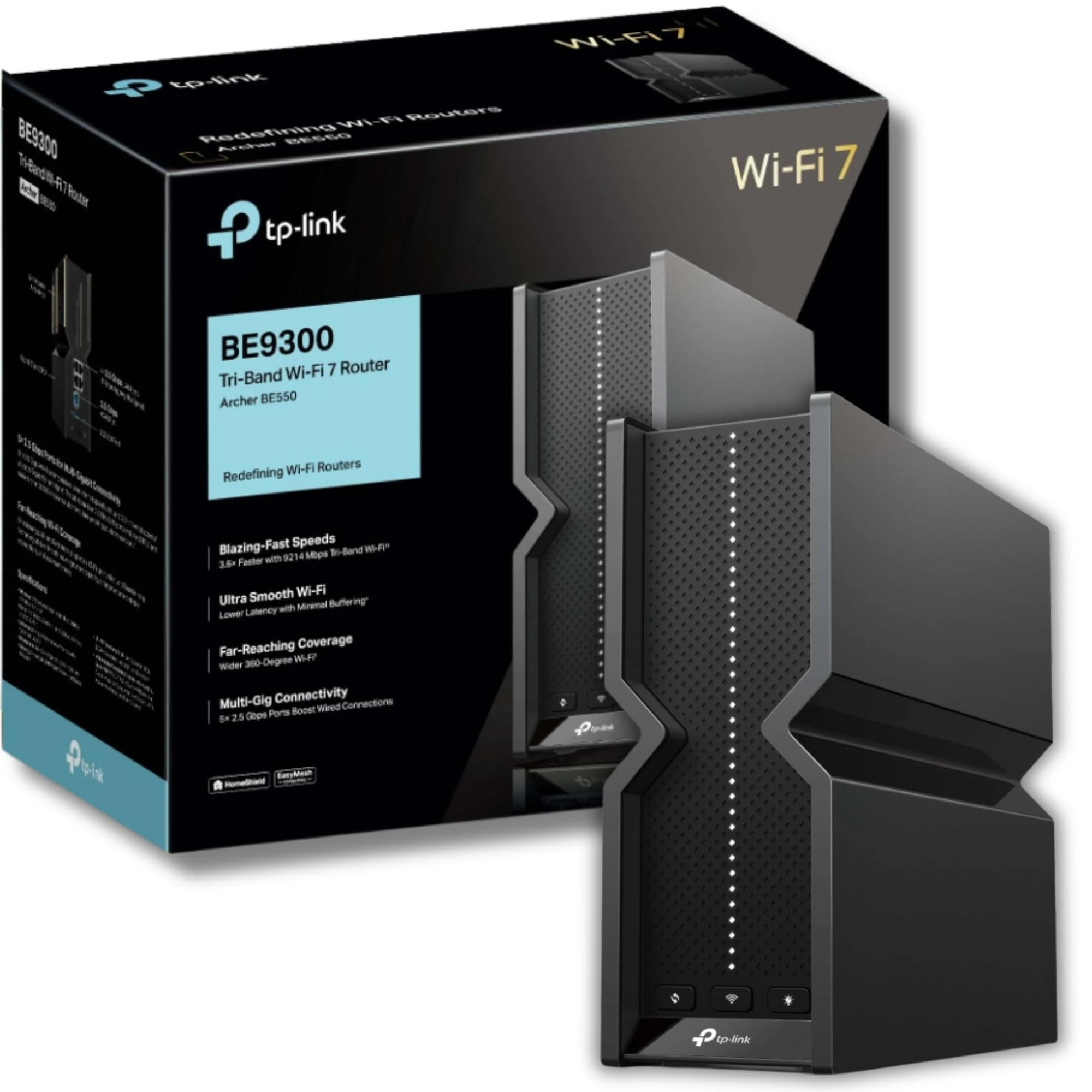 TP-Link Archer BE550 Tri-Band BE9300 WiFi 7 Router, 6-Stream 9.2Gbps Speed WiFi Router, Full 5x 2.5G WAN/LAN Ports, 6x Internal Antennas Covers Up to 2,000 Sq. Ft., VPN Support, Homeshield, Easy Setup
