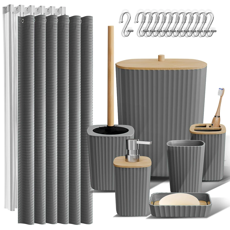 Clara Clark Bathroom Accessories Set - Bathroom Accessory Set with Shower Curtain Set, Toilet Brush, Trash Can & Soap Dispenser (Grey, Complete Set)