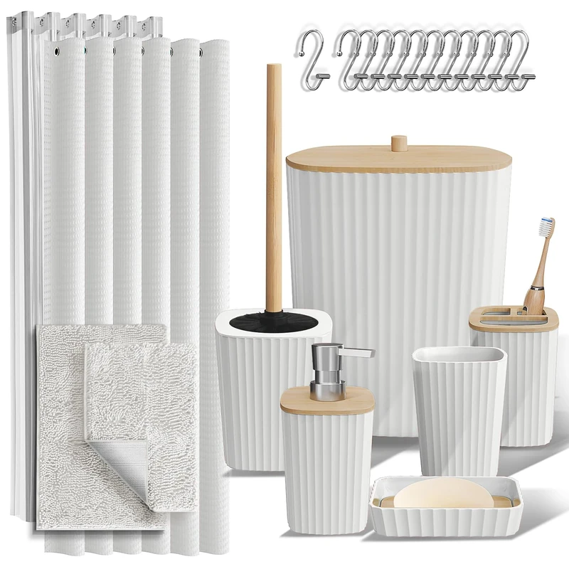 Clara Clark Bathroom Accessories Set - Bathroom Accessory Set with Shower Curtain Set, Toilet Brush, Trash Can & Soap Dispenser & Rugs (White, Complete Set + Bath Rugs)