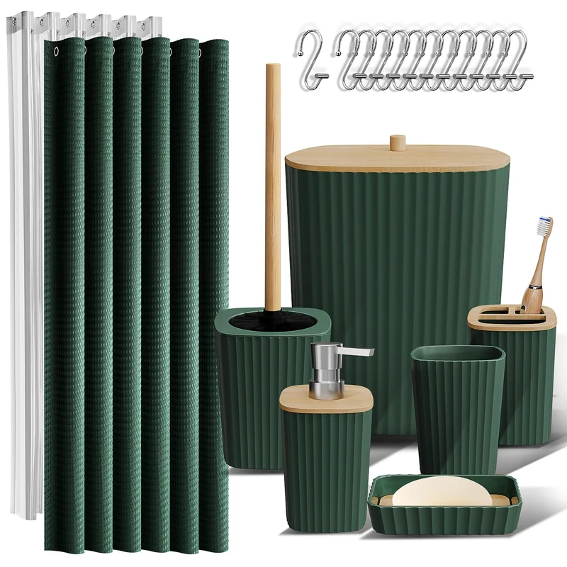Clara Clark Bathroom Accessories Set - Bathroom Accessory Set with Shower Curtain Set, Toilet Brush, Trash Can & Soap Dispenser (Hunter Green, Complete Set)