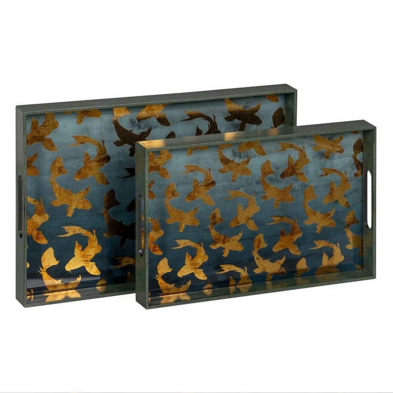 BigBuy Home Snack Tray Blue Gold PVC Glass Fish 45 x 31 x 4.2 cm (Pack of 2) - Image 1
