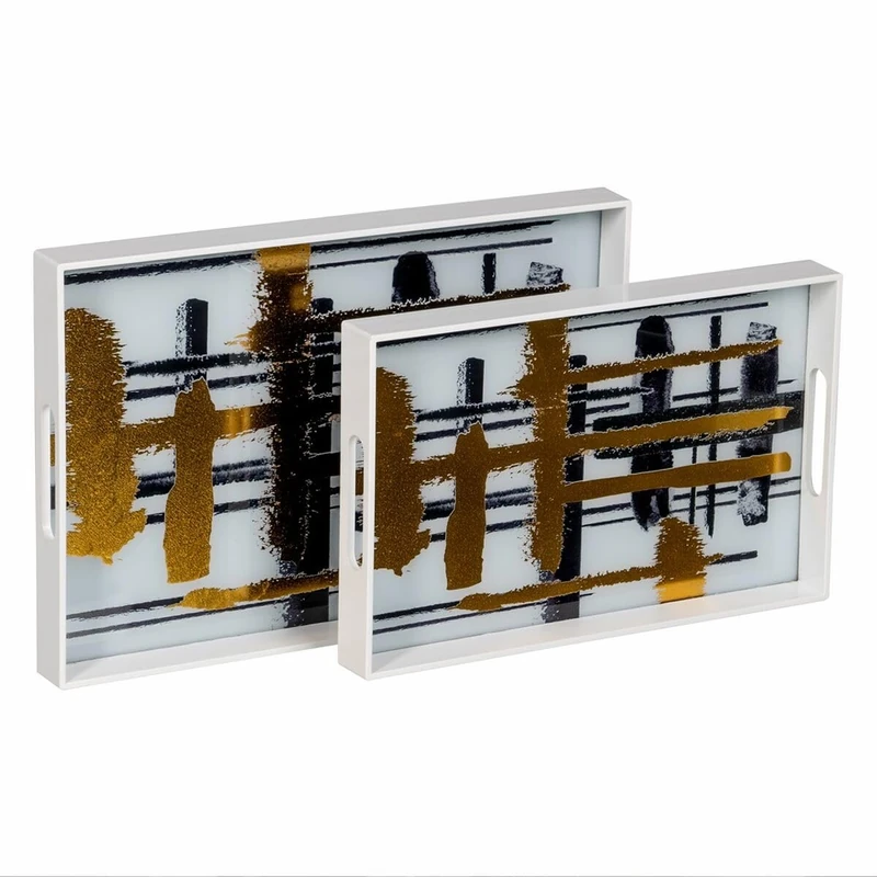 BigBuy Home Snack Tray White Black Gold PVC Abstract Glass 45 x 31 x 4.2 cm (Pack of 2) - Image 1