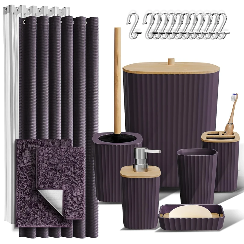 Clara Clark Bathroom Accessories Set - Bathroom Accessory Set with Shower Curtain Set, Toilet Brush, Trash Can & Soap Dispenser & Rugs (Purple, Complete Set + Bath Rugs)