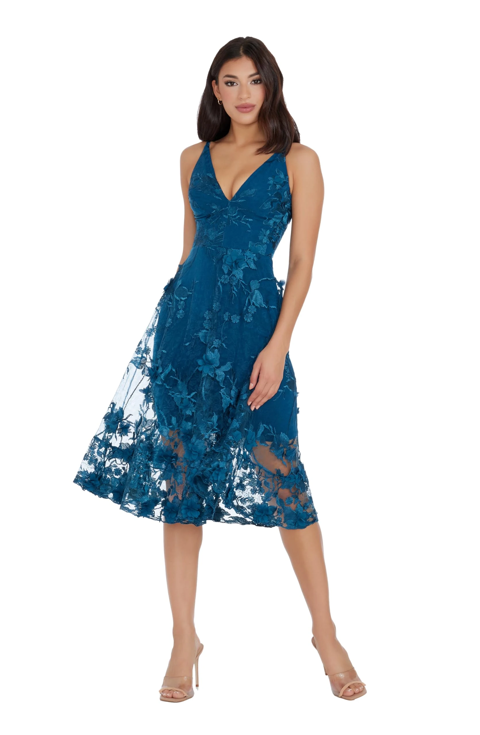 Dress the Population Women's Audrey Spaghetti Strap Midi A-line 3D Floral Dress Special Occasion, Peacock Blue, L