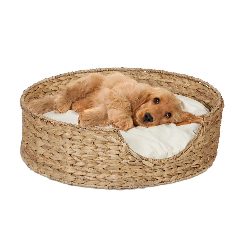 Relaxdays Pet Bed for Dogs and Cats, Round, HWD: 15 x 49 x 49 cm, Woven Basket with Removable Cushion, Natural/Cream