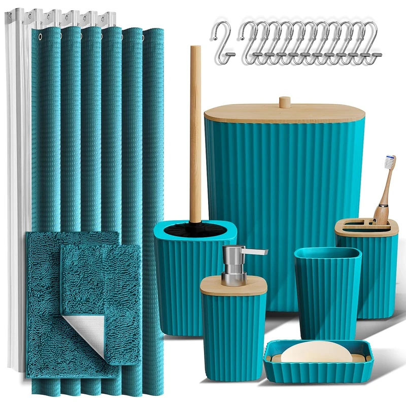Clara Clark Bathroom Accessories Set - Bathroom Accessory Set with Shower Curtain Set, Toilet Brush, Trash Can & Soap Dispenser & Rugs (Teal, Complete Set + Bath Rugs)