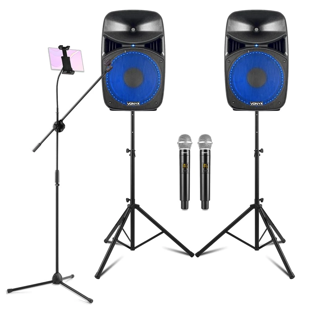 Vonyx VPS122A Home Karaoke System with Wireless Microphones, 800W Bluetooth PA Speakers, Tablet Holder and Stand - Complete Adults Karaoke Machine Kit