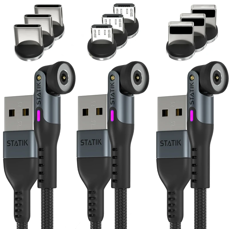 Statik 360 Magnetic Charging Cable - USB C Charger Cable, Phone Charger 3 in 1 USB C to USB C, Micro USB & iProduct Tips, USB A Adapter - Black 3FT/1M, 3-Pack