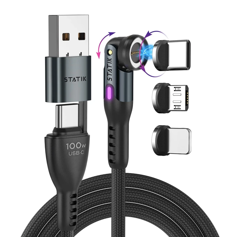Statik 360 Pro Magnetic Charging Cable - Fast Charger USB C Charger Cable, Phone Charger 3 in 1 USB C to USB C, Micro USB & iProduct Tips, USB A Adapter - 100W Black 3FT/1M