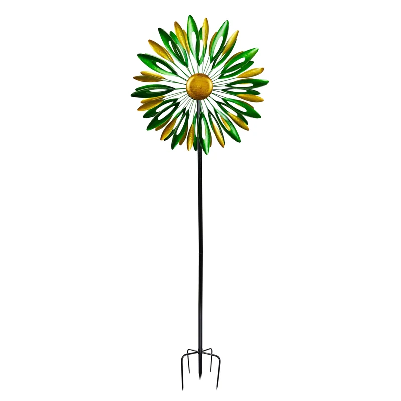 Alpine Corporation SLL2654 Metal Flower Kinetic Wind Spinner Garden Stake, Stylish Decor for Garden & Lawn, 85" H, Green