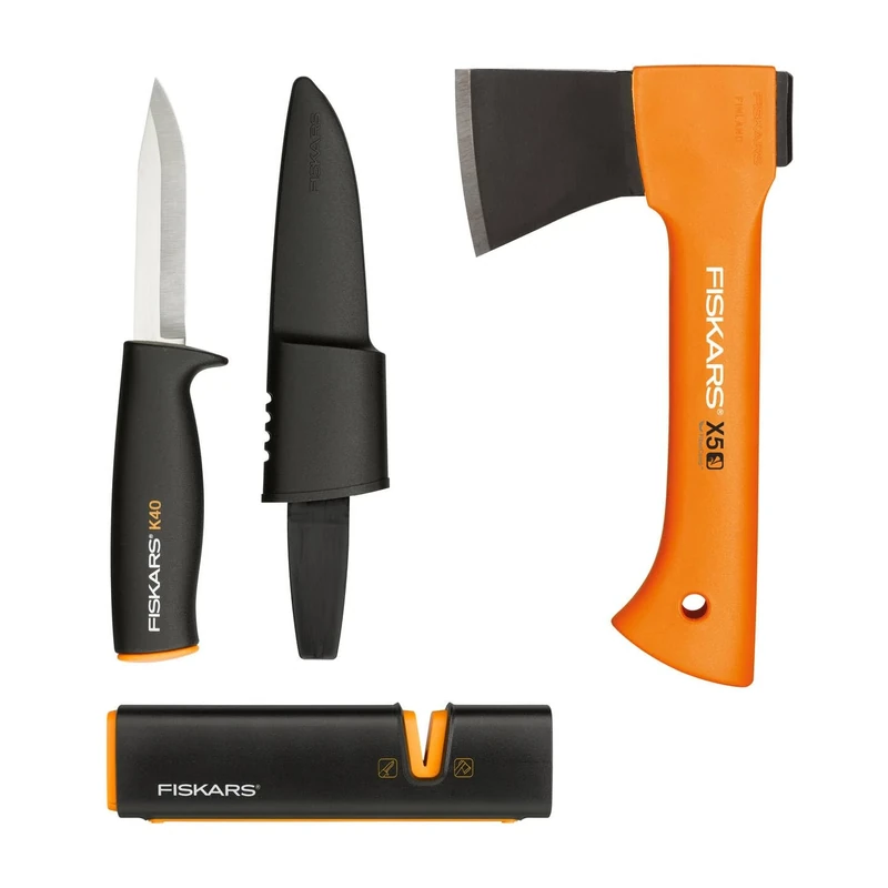 Fiskars stove set, leisure axe X5-XXS, 23 cm, Xsharp axe and knife sharpener, ceramic sharpening head, universal knife K40, incl. quiver, 22.5 cm, 1057913
