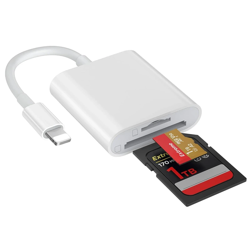 SD Card Reader for iPhone iPad 2-in-1 Memory Card Reader SD/TF Card Slot Camera Card Viewer Compatible with iPhone 14/13/12/11/X/8/7, iPad Mini 5/Air 3, More (Plug & Play)