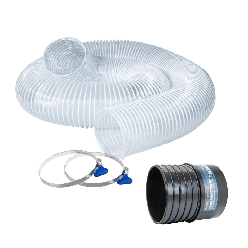 POWERTEC 70414 4" x 10' 2 Key Quick Connect Left-Hand Threaded Coupler Thin Wall PVC Sewer Pipe to 4" Dust Collection, 1 Set, Clear, 4" x10' Hose & Clamps & Adapter