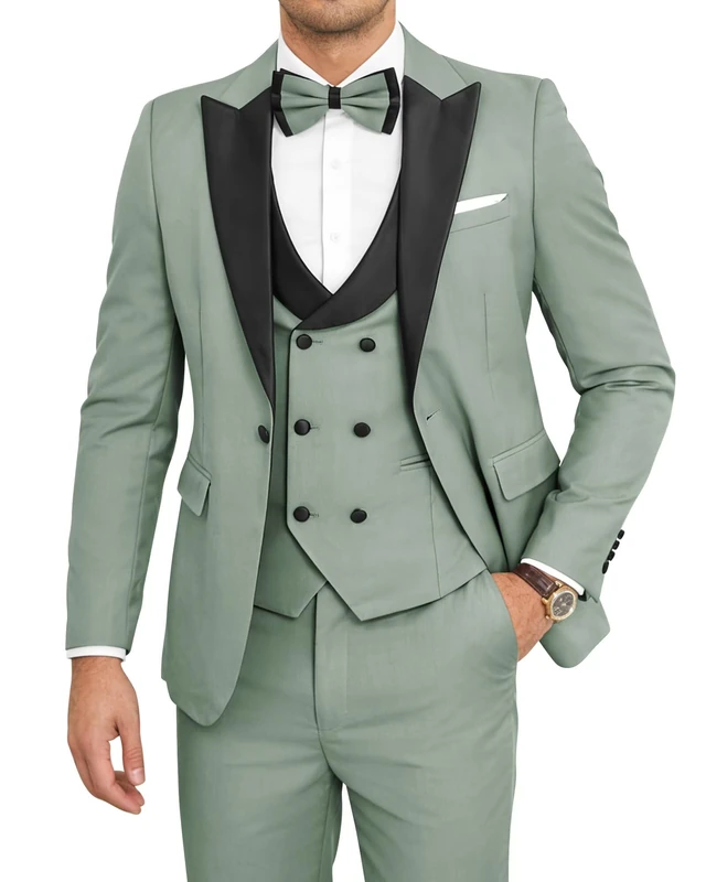 SPTALLFITJSV Tuxedo for Men Slim Fit 3 Piece Prom Suits Formal Wedding Dinner Double Breasted Suit with Bow Tie Big and Tall, Sage Green, M