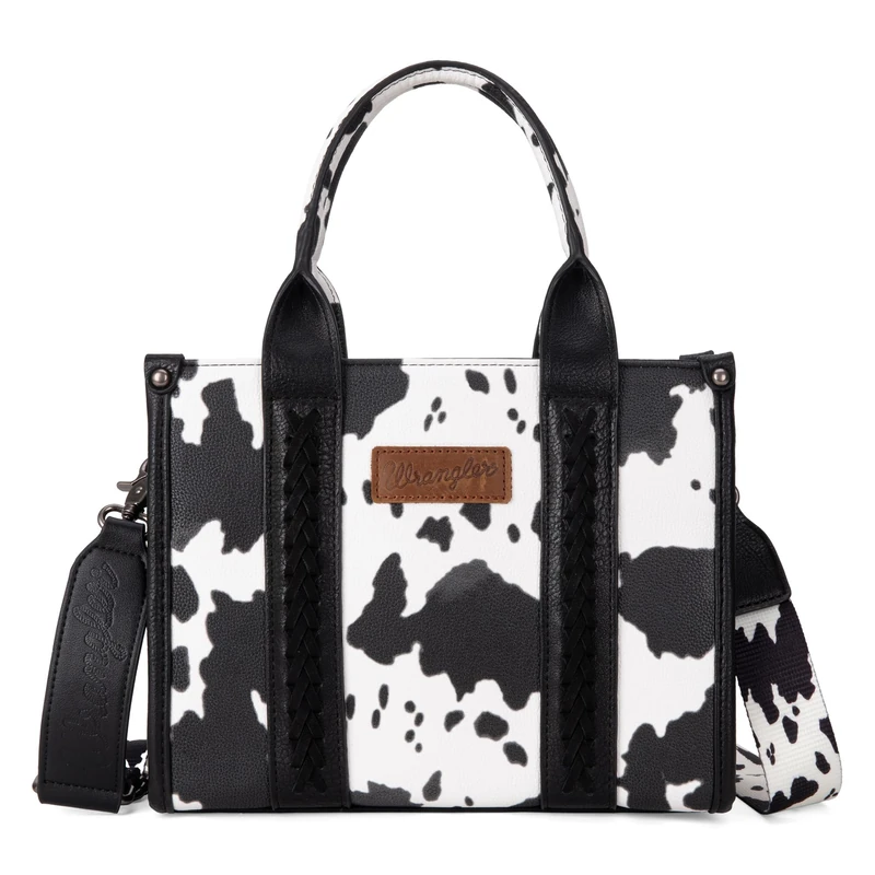 Wrangler Cow Print Tote Bag for Women Western Purse Boho Style Top Handle Handbag with Signature Strap, Complete with Cow Print Black, One Size