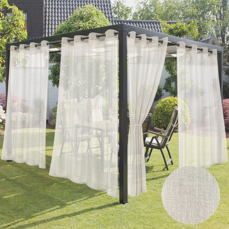 HolidayIdeas Outdoor Curtains for Patio-4 Panels Ivory Linen Semi Sheer Curtains for Patio Waterproof, Privacy Sun Light Indoor Outside Drapes for Gazebo, Pergola, Balcony, Pool, Backyard 54x95 Inch