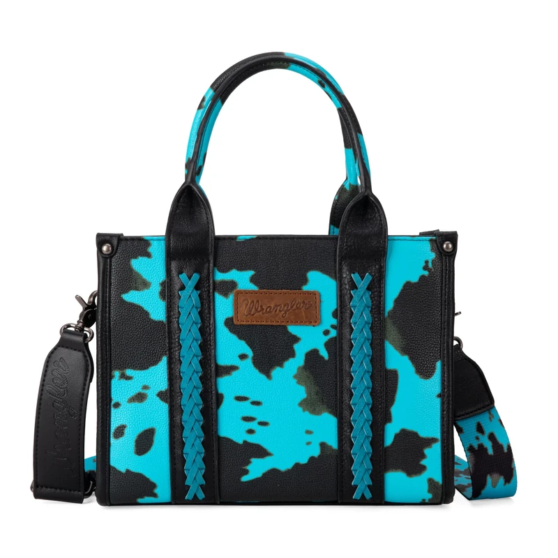 Wrangler Cow Print Tote Bag for Women Western Purse Boho Top Handle Satchel Handbag with Signature Strap, Allover Cow Print Turquoise, One Size
