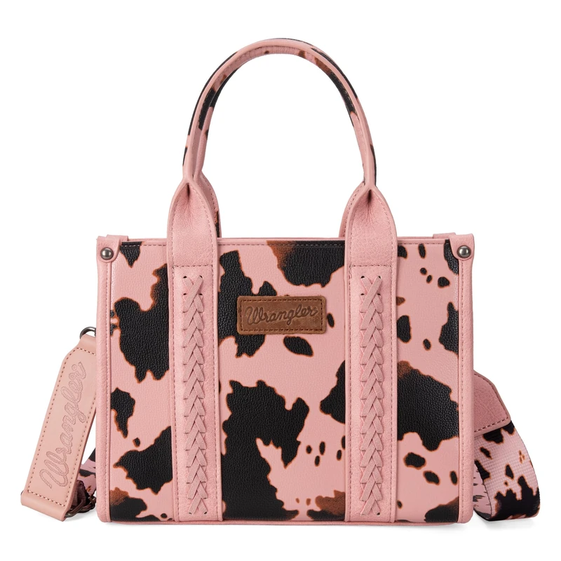 Wrangler Cow Print Tote Bag for Women Western Purse Boho Top Handle Satchel Handbag with Signature Strap, Allover Cow Print Pink, One Size