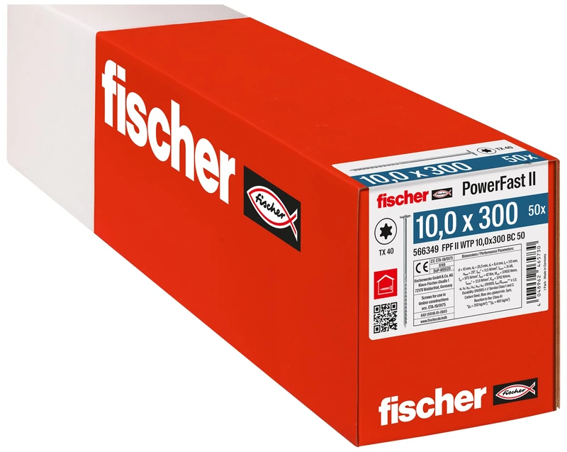 fischer 566349 WTP 10.0 x 300 Powerful Plate Head, Inner Star Socket and Partial Thread, for Structural Wood Construction, Pack of 50, PowerFast II Wood Screw, Silver