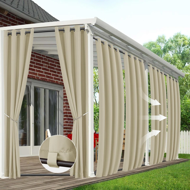 HolidayIdeas Outdoor Curtains for Patio Waterproof 6 Panels 54x95 Inch-Windproof Weatherproof Privacy Cream Curtains-Grommet Top and Tab Bottom Drape for Gazebo, Porch, Pergola, Cabana, Backyard