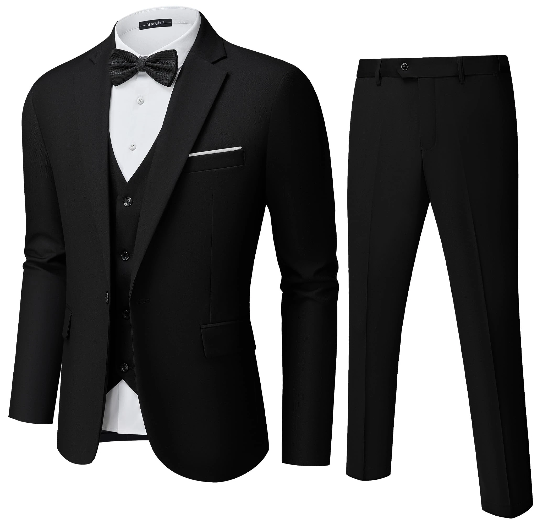 Saruit Mens Suit Tuxedo Set Slim Fit Suits 3 Piece One Button Prom Wedding Blazer Vest Pants with Bow Tie, Black, M