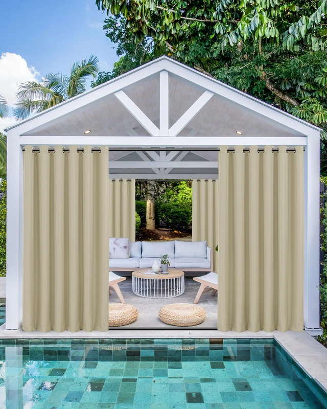 HolidayIdeas Outdoor Curtains for Patio Waterproof 4 Panels 110x120 Inch-Windproof Weatherproof Privacy Wide Cream Curtains-Grommet Top and Tab Bottom Drape for Pergola, Porch, Gazebo, Backyard