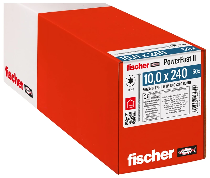 fischer PowerFast II 566346 WTP 10.0 x 240, Powerful Flat Head, Inner Star Socket and Partial Thread, for Structural Wood Construction, Pack of 50, Silver