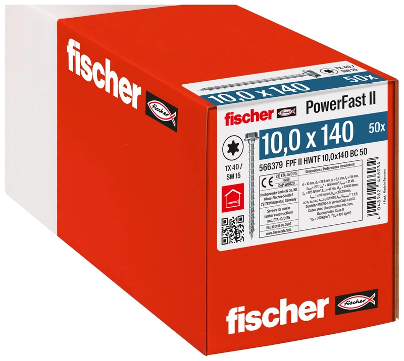 fischer PowerFast II HWTF 10.0 x 140, Powerful Wood Screws with Hex Head, Inner Star Socket and Full Thread, for Constructive Wood Construction, Pack of 50