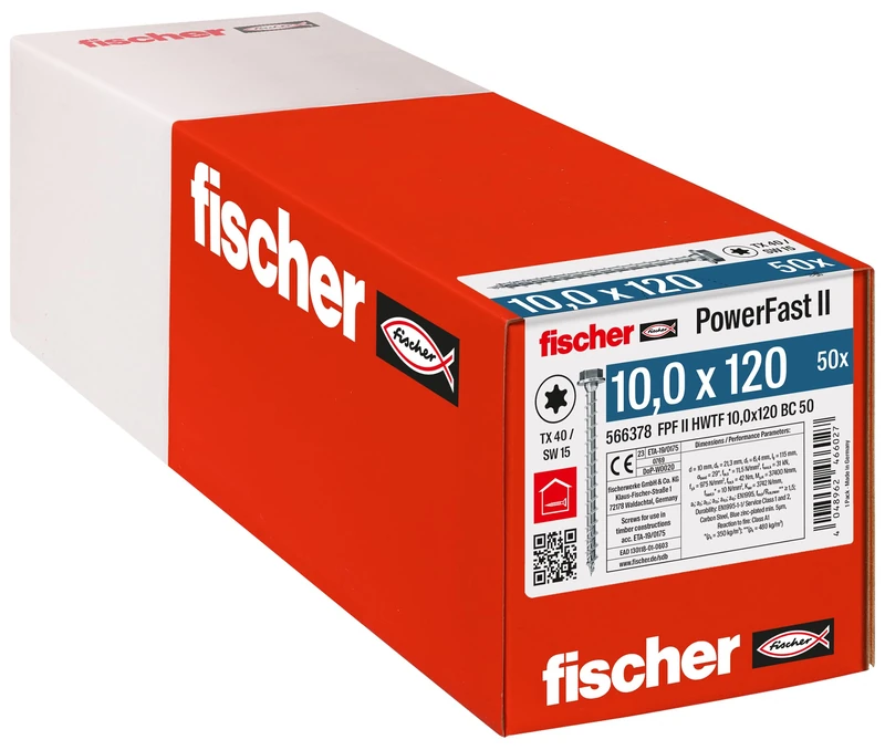 fischer PowerFast II HWTF 10.0 x 120, Powerful Wood Screws with Hex Head, Inner Star Socket and Full Thread, for Constructive Wood Construction, Pack of 50