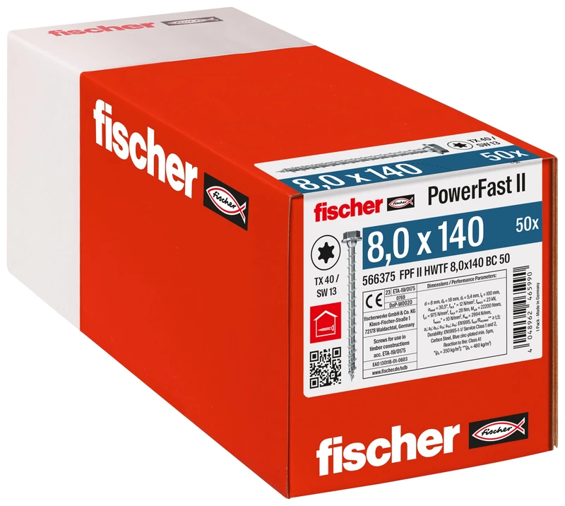 fischer PowerFast II HWTF 8.0 x 140, Powerful Wood Screws with Hex Head, Inner Star Socket and Full Thread, for Constructive Wood Construction, Pack of 50