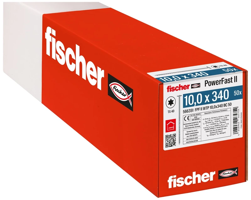 fischer PowerFast II 566351 WTP 10.0 x 340, Powerful Flat Head, Inner Star Socket and Partial Thread, for Structural Wood Construction, Pack of 50, Silver