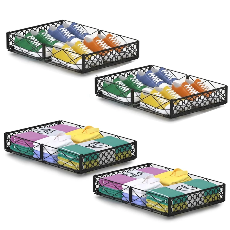 NADAMOO Under Bed Storage, 4 Packs Low Profile Metal Organizer Bins with Wheels, Foldable Storage Containers for Bedroom