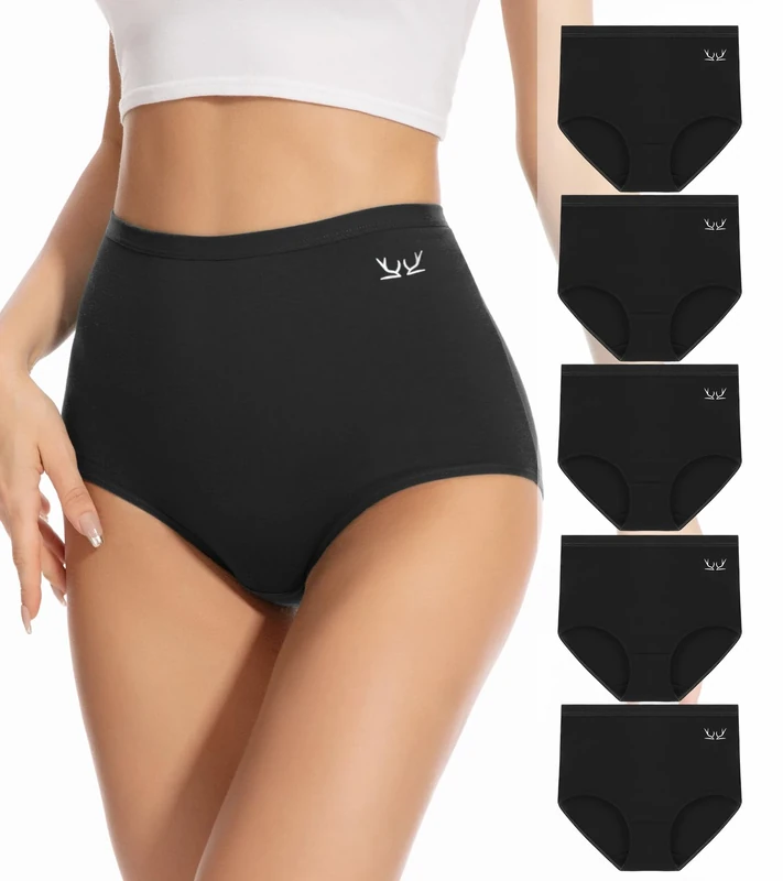 TMANI Underwear Women High Waisted Long-Staple Combed Cotton Knickers Ladies Full Coverage Briefs Panties 5 Pack Black - Image 1