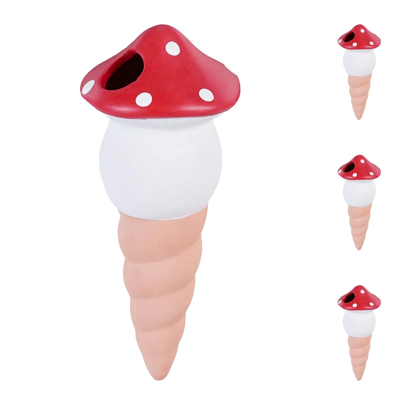 Relaxdays 4x Clay Cone Watering, 100ml each, Irrigation Aid for Houseplants, Toadstool Design, Sprinkler Plug, Colourful, Ceramics, 16.5 x 7 x 7 cm