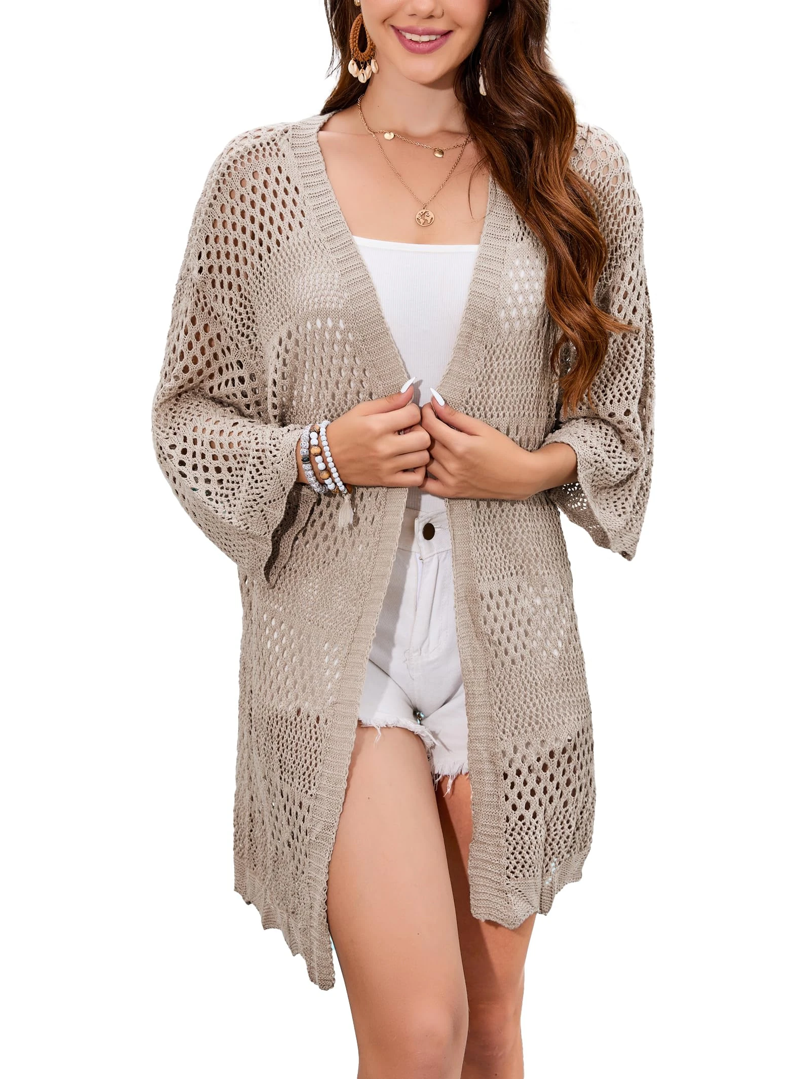 Famulily Ladies Crochet Knitted Long Cardigans Loose Beach Bikini Cover Ups Open Front Swimsuit (M, Khaki)