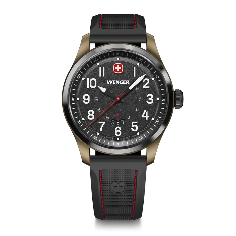 Wenger Men’s Watch Terragraph Ø 43 mm, Swiss Made, Analogue Quartz, Water-Resistant up to 100 m, Silicone Strap, Black, 01.0541.124